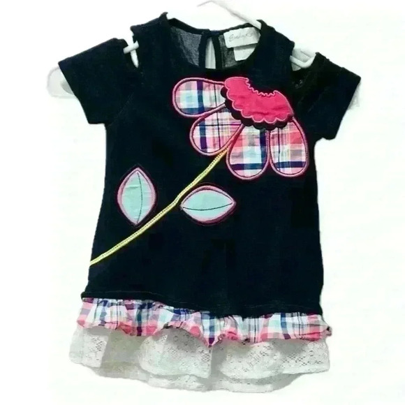 Emily Rose Cut Out Shoulder Girls Sz 5 Denim Flower Lace Trim - Picture 1 of 12